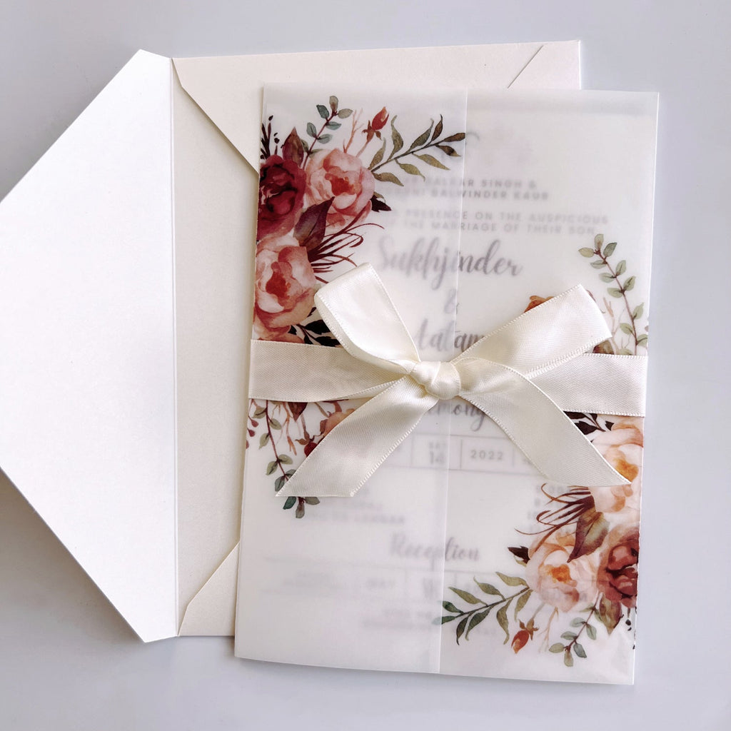 Burgundy Vellum Wedding Invitations with Envelopes, Personalised Elega