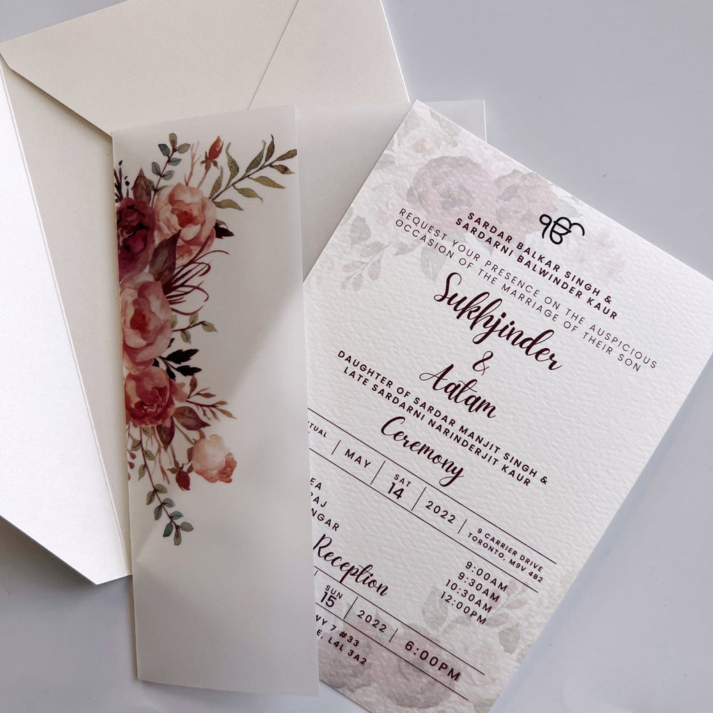 Burgundy Vellum Wedding Invitations with Envelopes, Personalised Elega