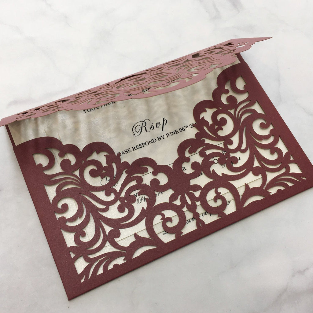 Burgundy Wedding Invitation Set Pocket Wedding Invitations With Burgundy Envelopes Picky Bride 