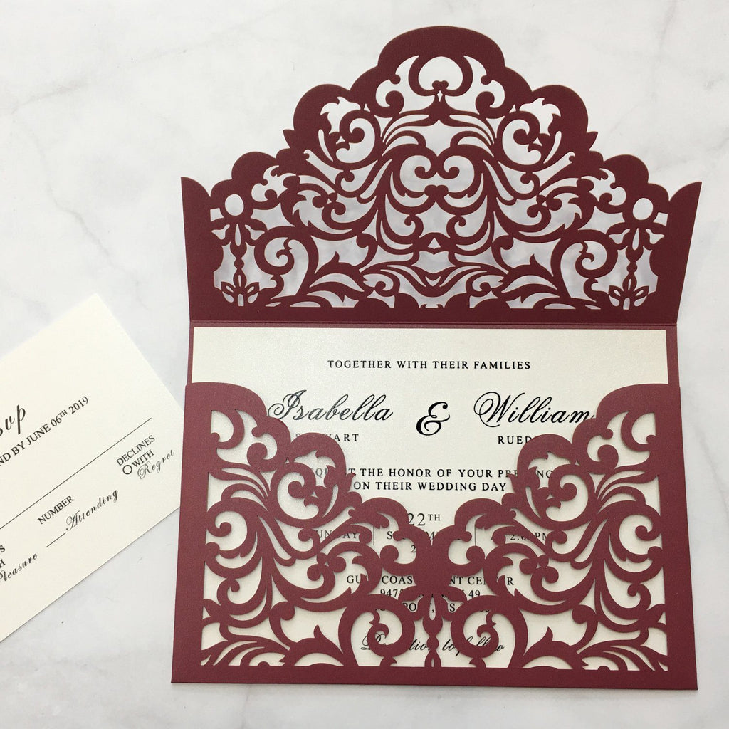 Burgundy Wedding Invitation Set Pocket Wedding Invitations With Burgundy Envelopes Picky Bride 