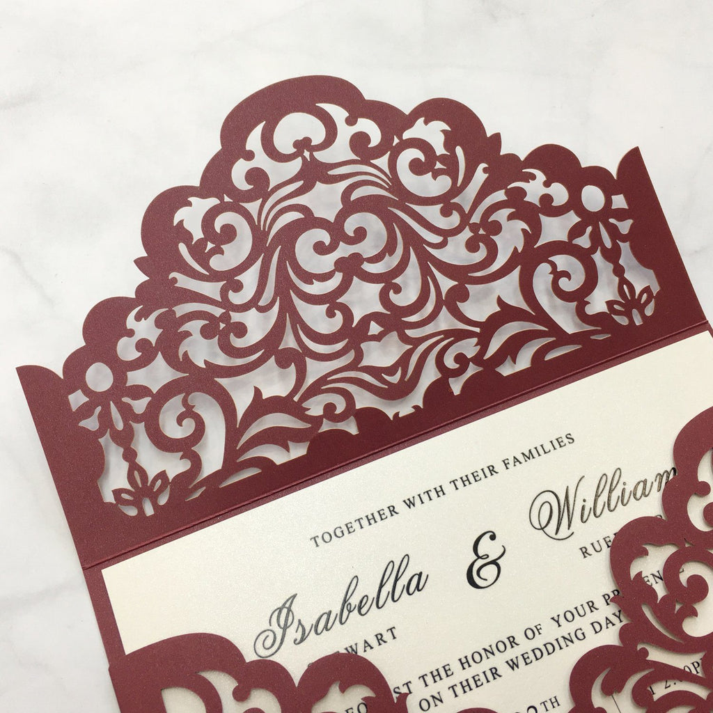 Burgundy Wedding Invitation Set Pocket Wedding Invitations With Burgundy Envelopes Picky Bride 