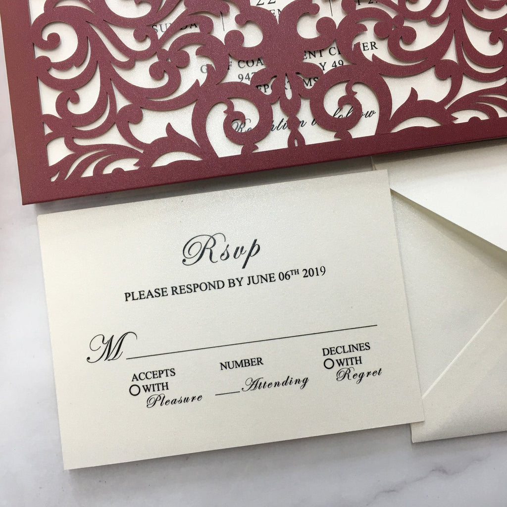 Burgundy Wedding Invitation Set Pocket Wedding Invitations With Burgundy Envelopes Picky Bride 