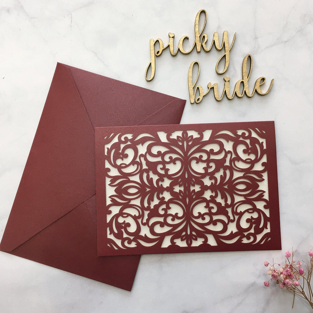 Burgundy Wedding Invitation Set Pocket Wedding Invitations With Burgundy Envelopes Picky Bride 