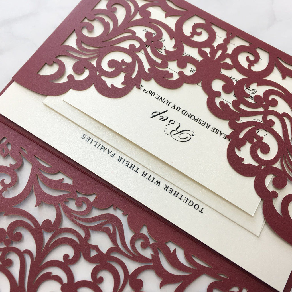 Burgundy Wedding Invitation Set Pocket Wedding Invitations With Burgundy Envelopes Picky Bride 