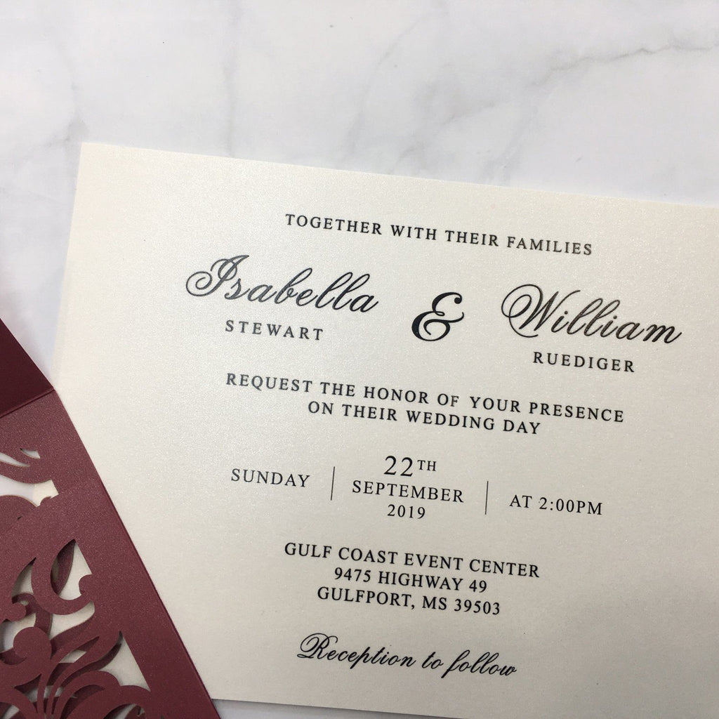 Burgundy Wedding Invitation Set Pocket Wedding Invitations With Burgundy Envelopes Picky Bride 