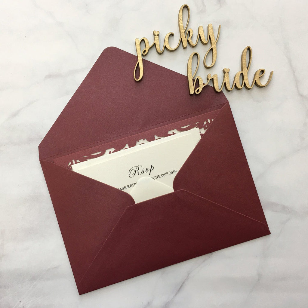 Burgundy Wedding Invitation Set Pocket Wedding Invitations With Burgundy Envelopes Picky Bride 