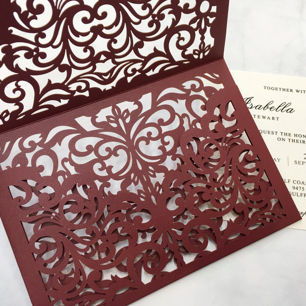 Burgundy Wedding Invitation Set Pocket Wedding Invitations With Burgundy Envelopes Picky Bride 