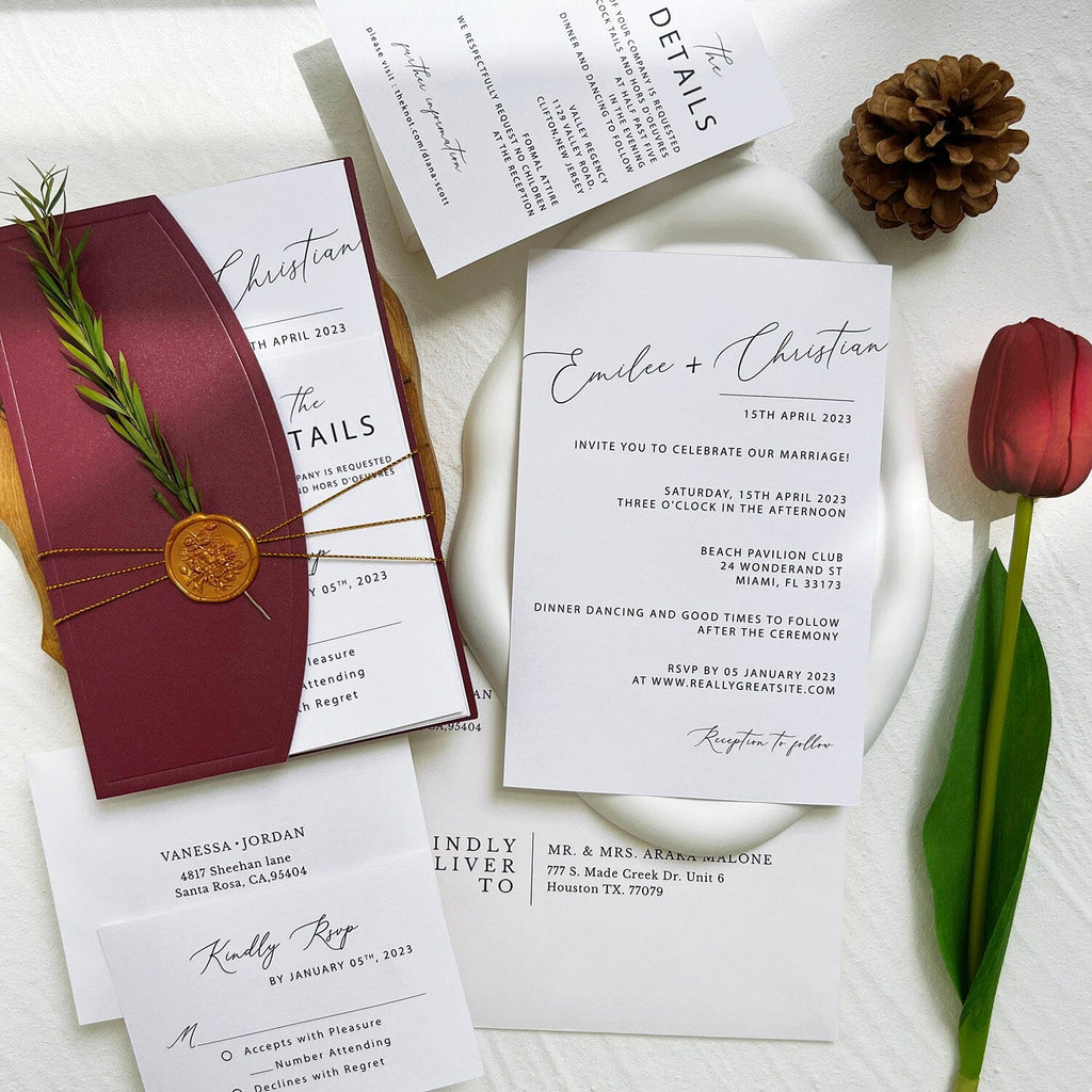 Burgundy Wedding Invitations Set with Wax Seals, RSVP and Details Cards Wedding Ceremony Supplies Picky Bride 