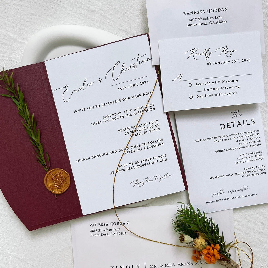 Burgundy Wedding Invitations Set with Wax Seals, RSVP and Details Cards Wedding Ceremony Supplies Picky Bride 