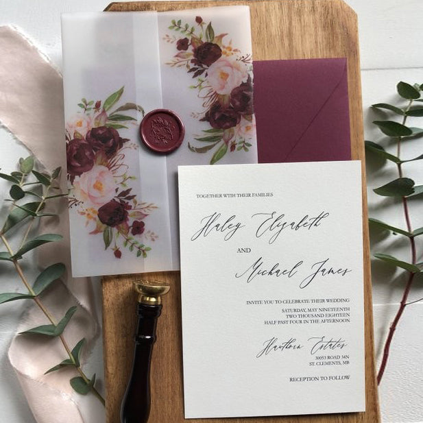 Burgundy Wedding Invitations Suit with Floral Vellum Paper Wrap and Lined Envelopes Picky Bride 