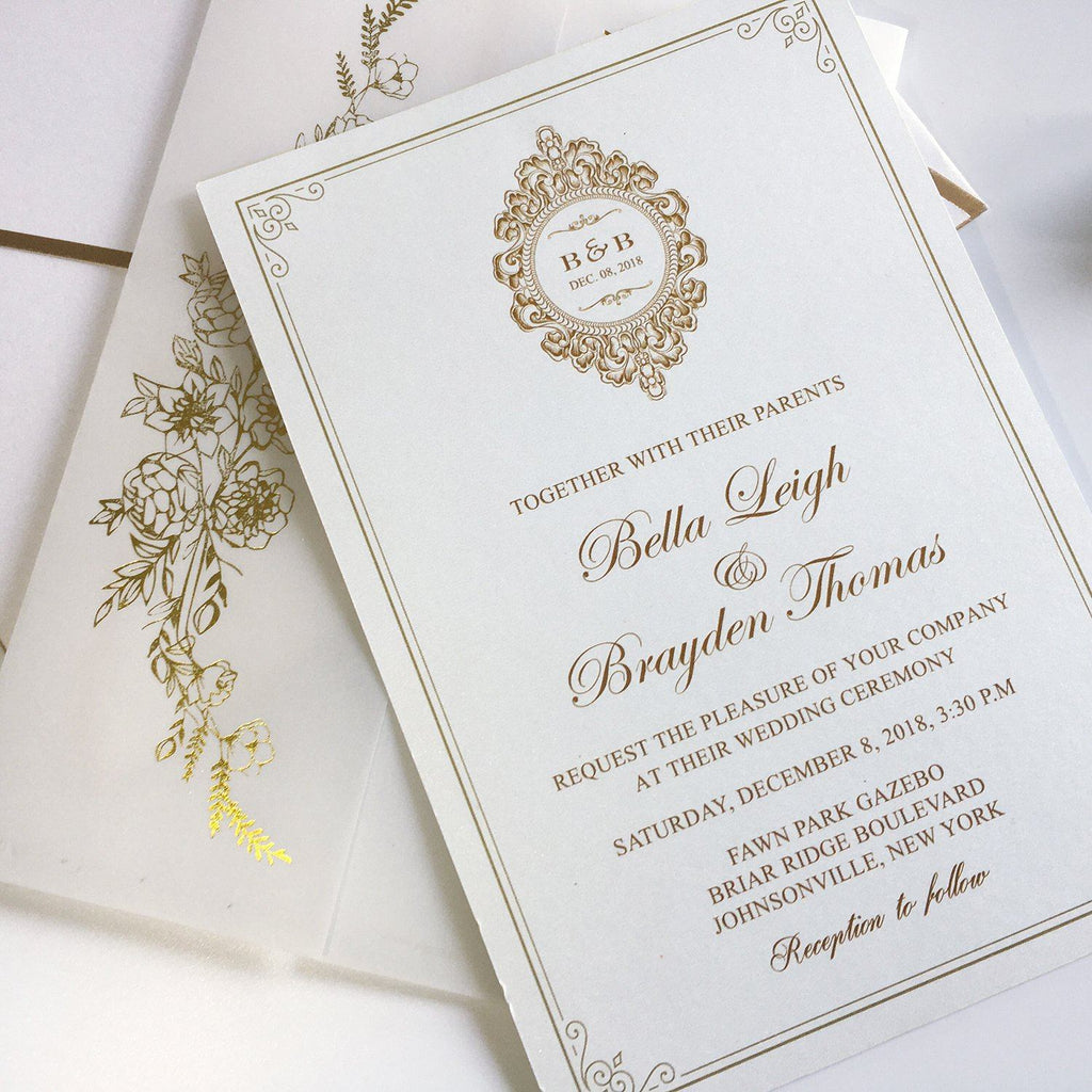 Calligraphy Invites Vellum Paper Wrap with Foil Printing and Gold Twine Picky Bride 