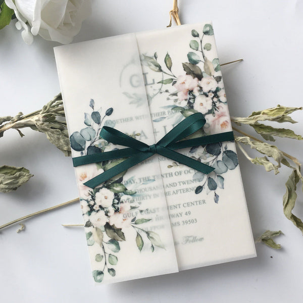 Classic Modern Botanical Invitations for Wedding Green and Vellum Wedding Invites Calligraphy and Delicate Hand Drawn Floral Picky Bride 