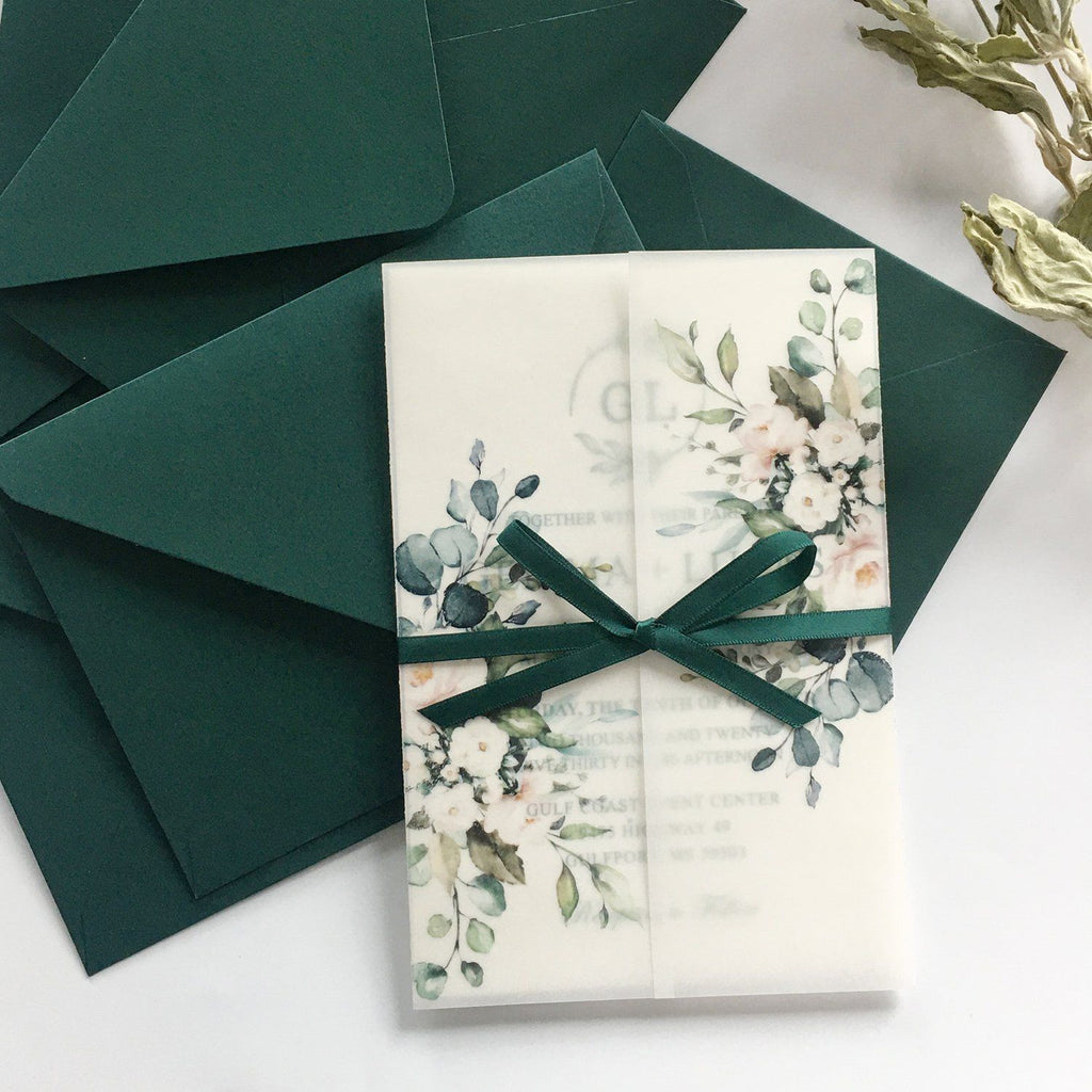 Classic Modern Botanical Invitations for Wedding Green and Vellum Wedding Invites Picky Bride 