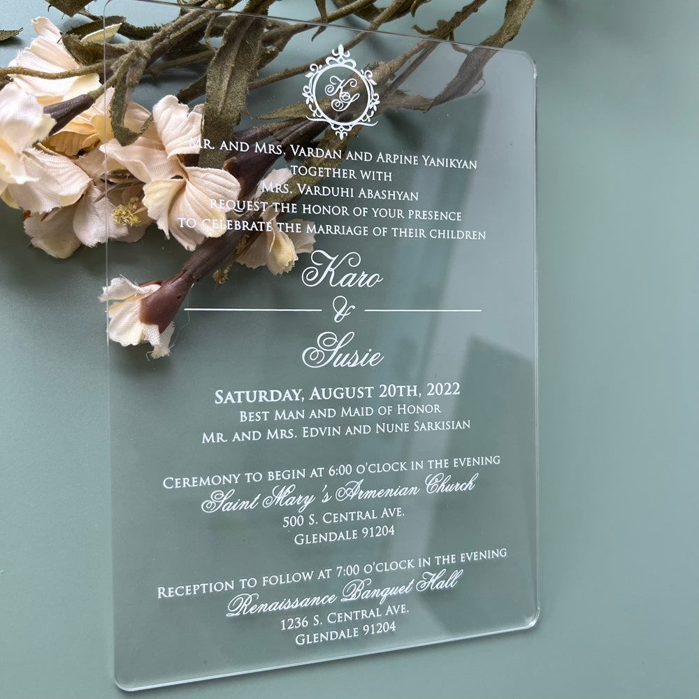 Clear Acrylic Wedding Invitations Customized Monogram Design, Print Wh