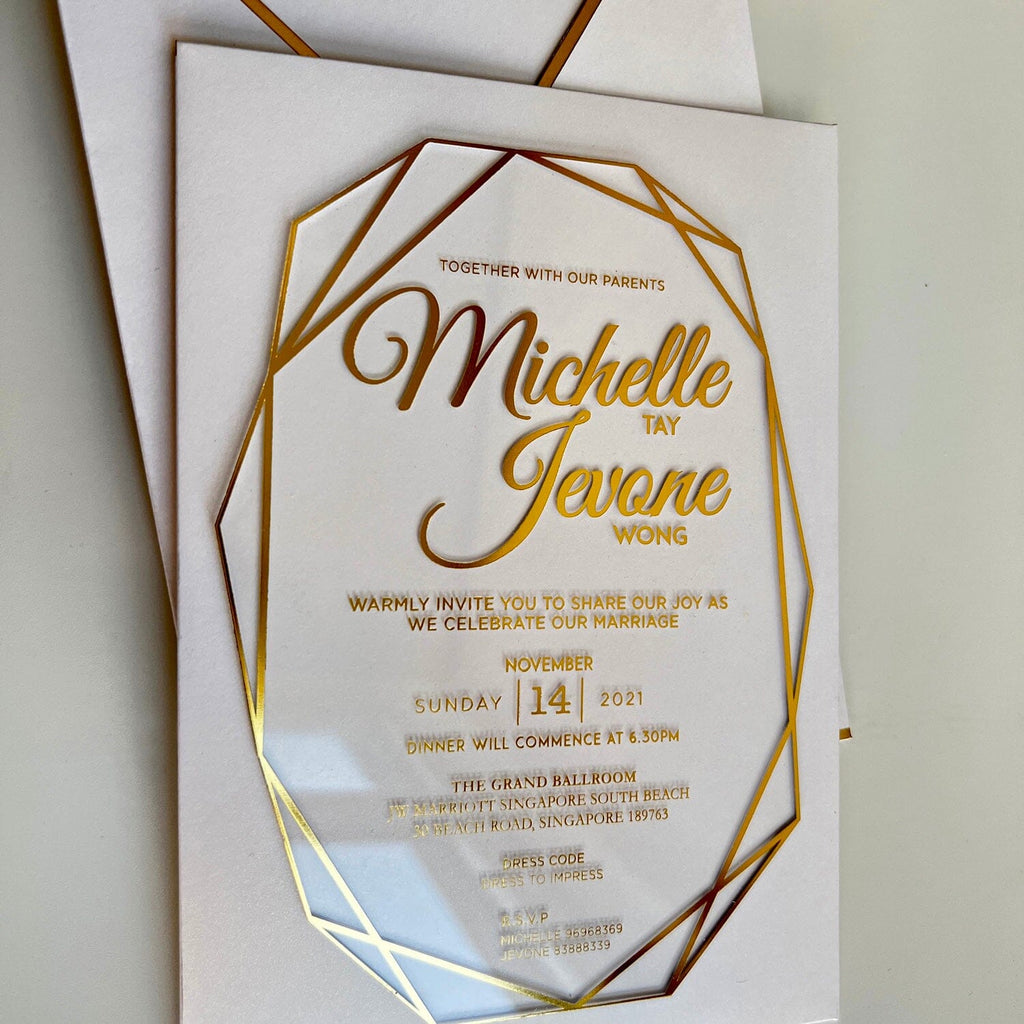 Clear Acrylic Wedding Invitations with Gold Foil Printing, Diamond Shaped Transparent Wedding Ceremony Supplies Picky Bride 