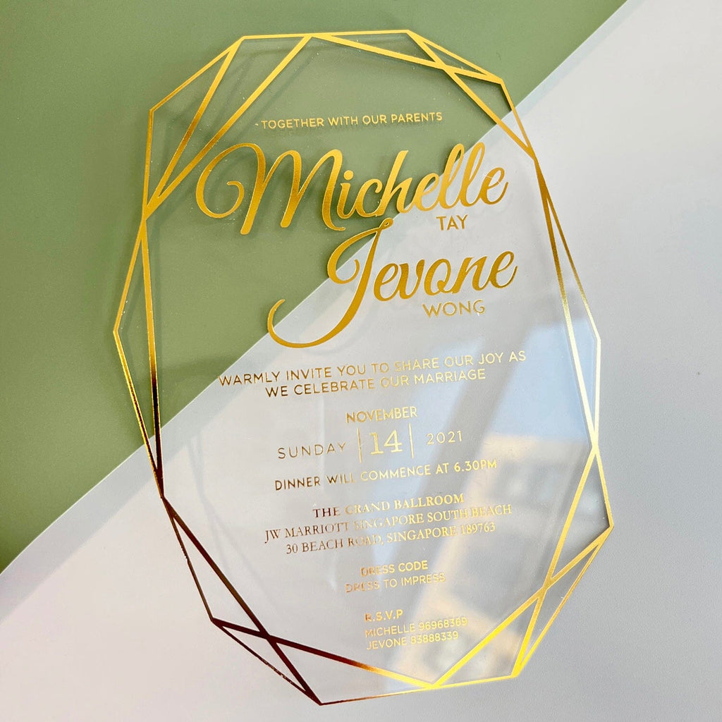 Embossed Bride Groom Names Transparent Acrylic Invitations, Gold Foil