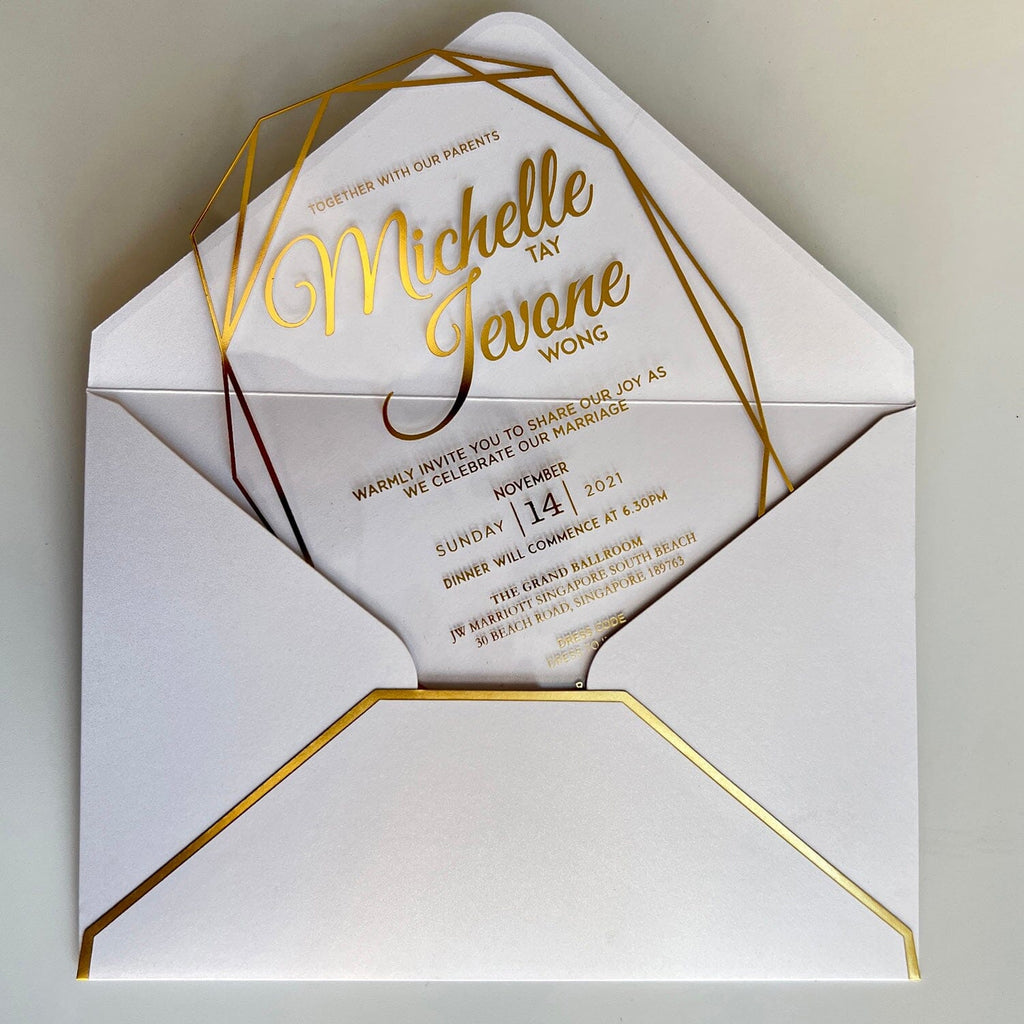 Clear Acrylic Wedding Invitations with Gold Foil Printing, Diamond Shaped Transparent Wedding Ceremony Supplies Picky Bride 