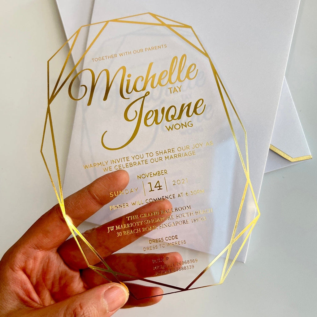 Clear Acrylic Wedding Invitations with Gold Foil Printing, Diamond Shaped Transparent Wedding Ceremony Supplies Picky Bride 