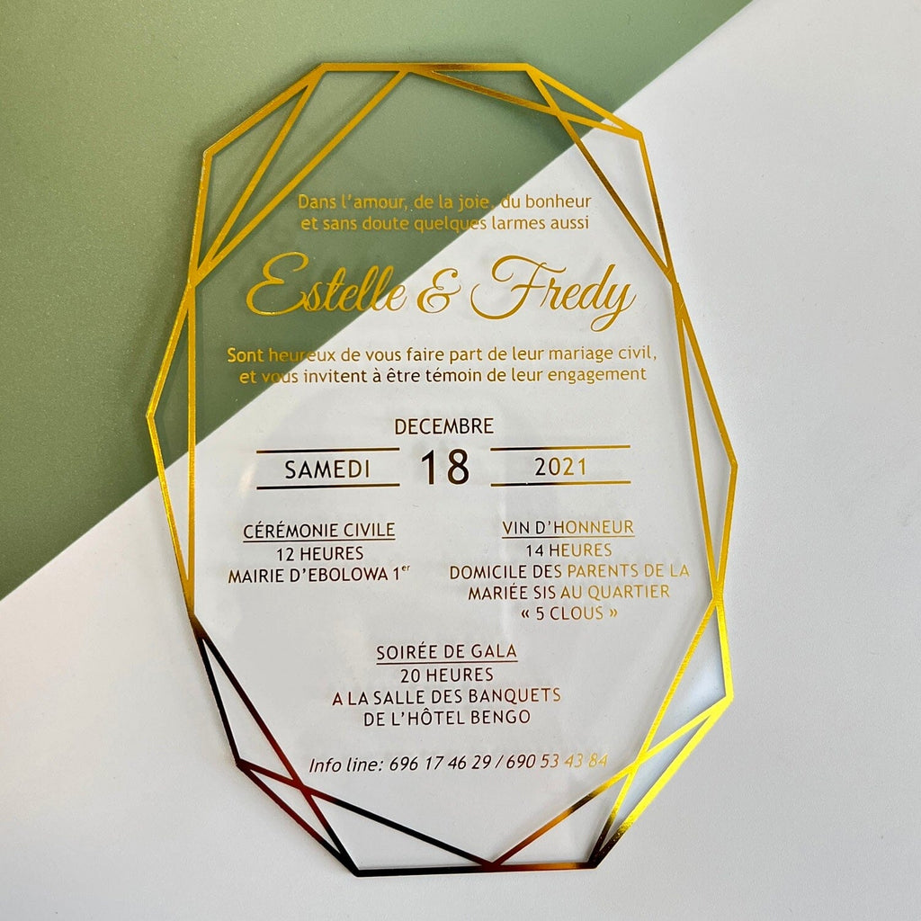 Embossed Bride Groom Names Transparent Acrylic Invitations, Gold Foil