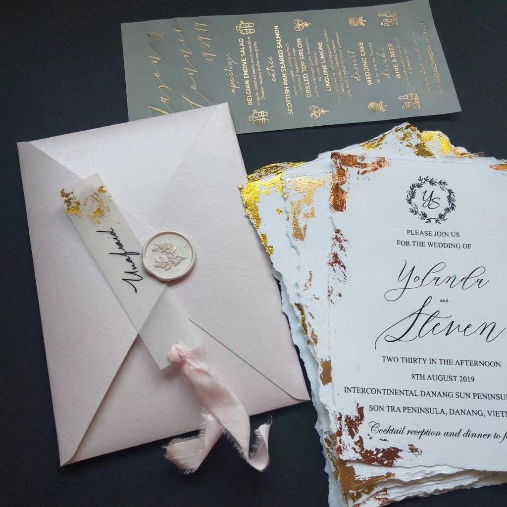 Custom Deckled Edge Foil Gold Stamped Wedding Invitations, Handmade Monogram Torn Edge Invites Picky Bride 