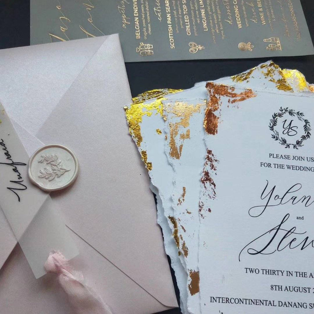 Custom Deckled Edge Foil Gold Stamped Wedding Invitations, Handmade Monogram Torn Edge Invites Picky Bride 