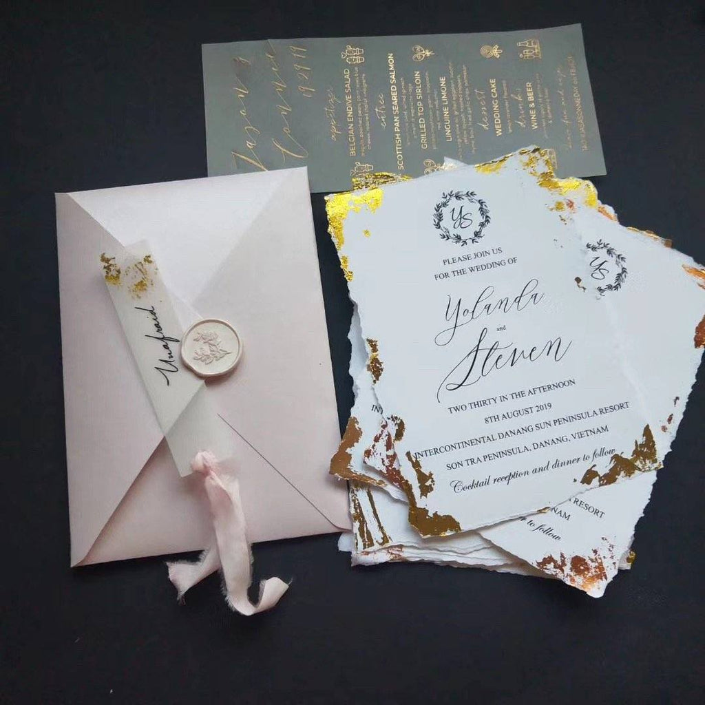 Custom Deckled Edge Foil Gold Stamped Wedding Invitations, Handmade Monogram Torn Edge Invites Picky Bride 