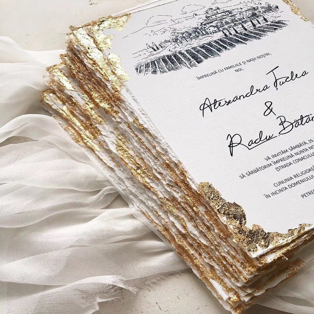 Custom Gold Deckled Edge Wedding Invitations, Handmade Torn Edge Luxur