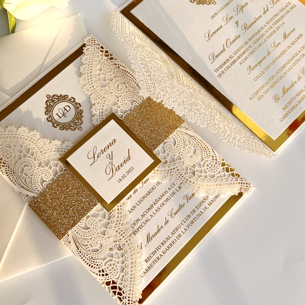 Customized Gold Foil Wedding Invitations with Glitter Bellyband and Envelopes Wedding Ceremony Supplies Picky Bride 