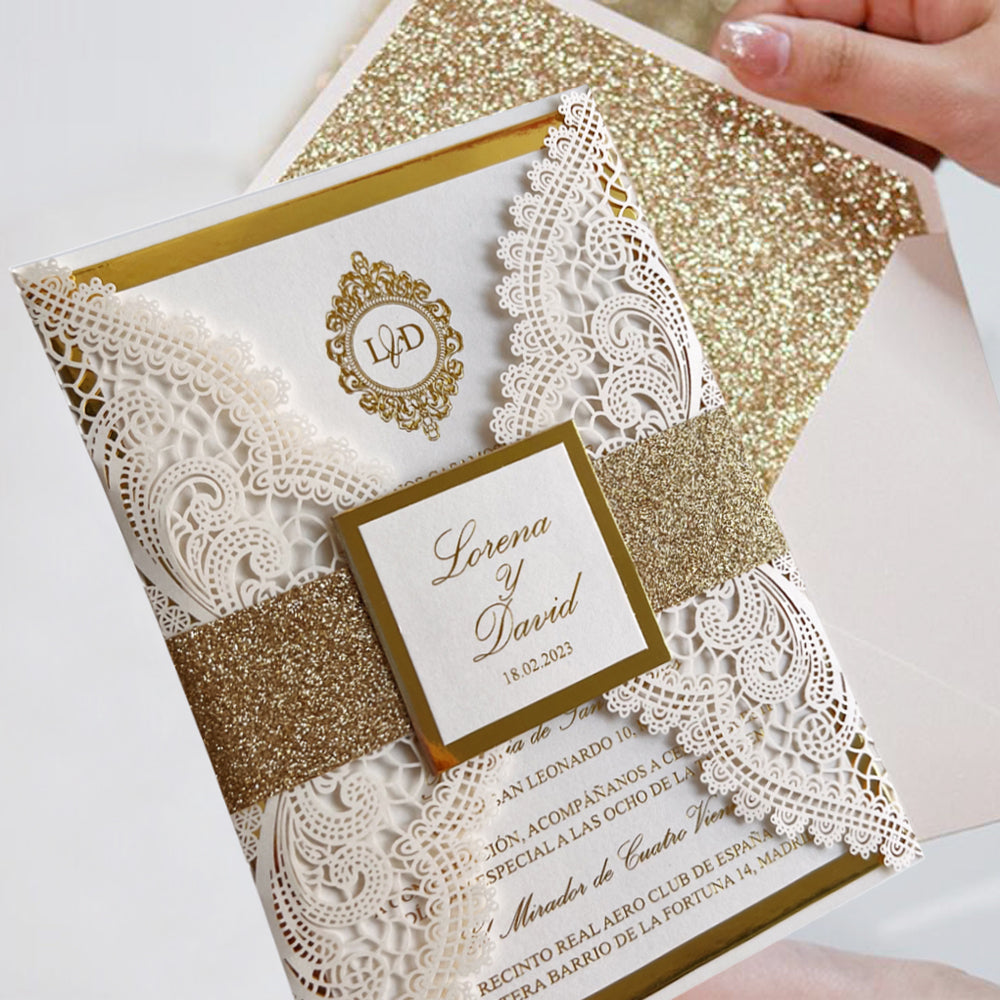 Customized Gold Foil Wedding Invitations with Glitter Bellyband and Envelopes Wedding Ceremony Supplies Picky Bride 