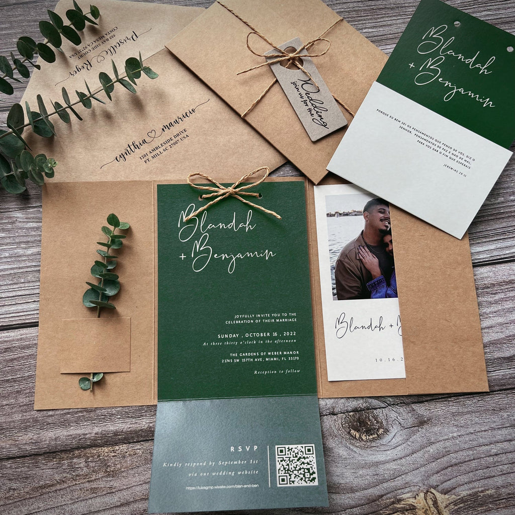 Customized Jungle Green Wedding Invitations, Photo Invitations with QR Code RSVP Info Wedding Ceremony Supplies Picky Bride 