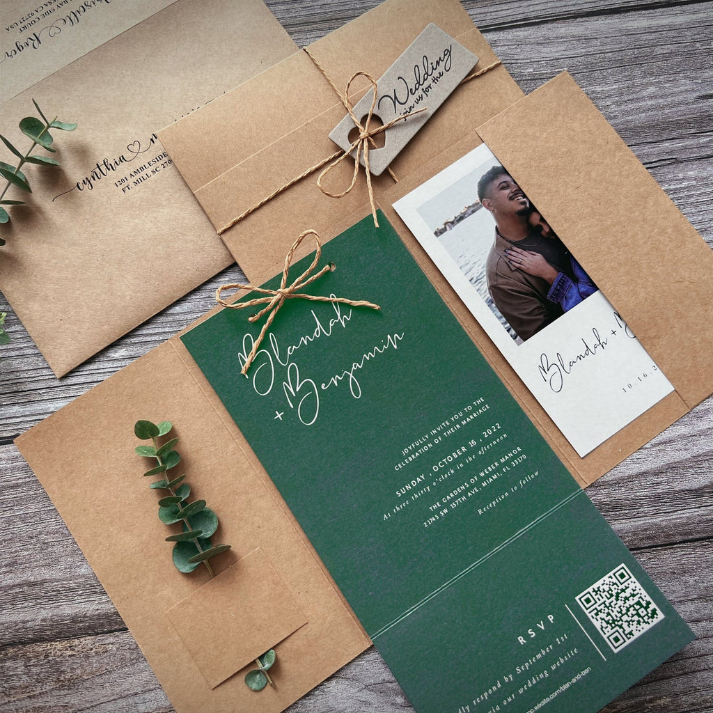 Customized Jungle Green Wedding Invitations, Photo Invitations with QR Code RSVP Info Wedding Ceremony Supplies Picky Bride 