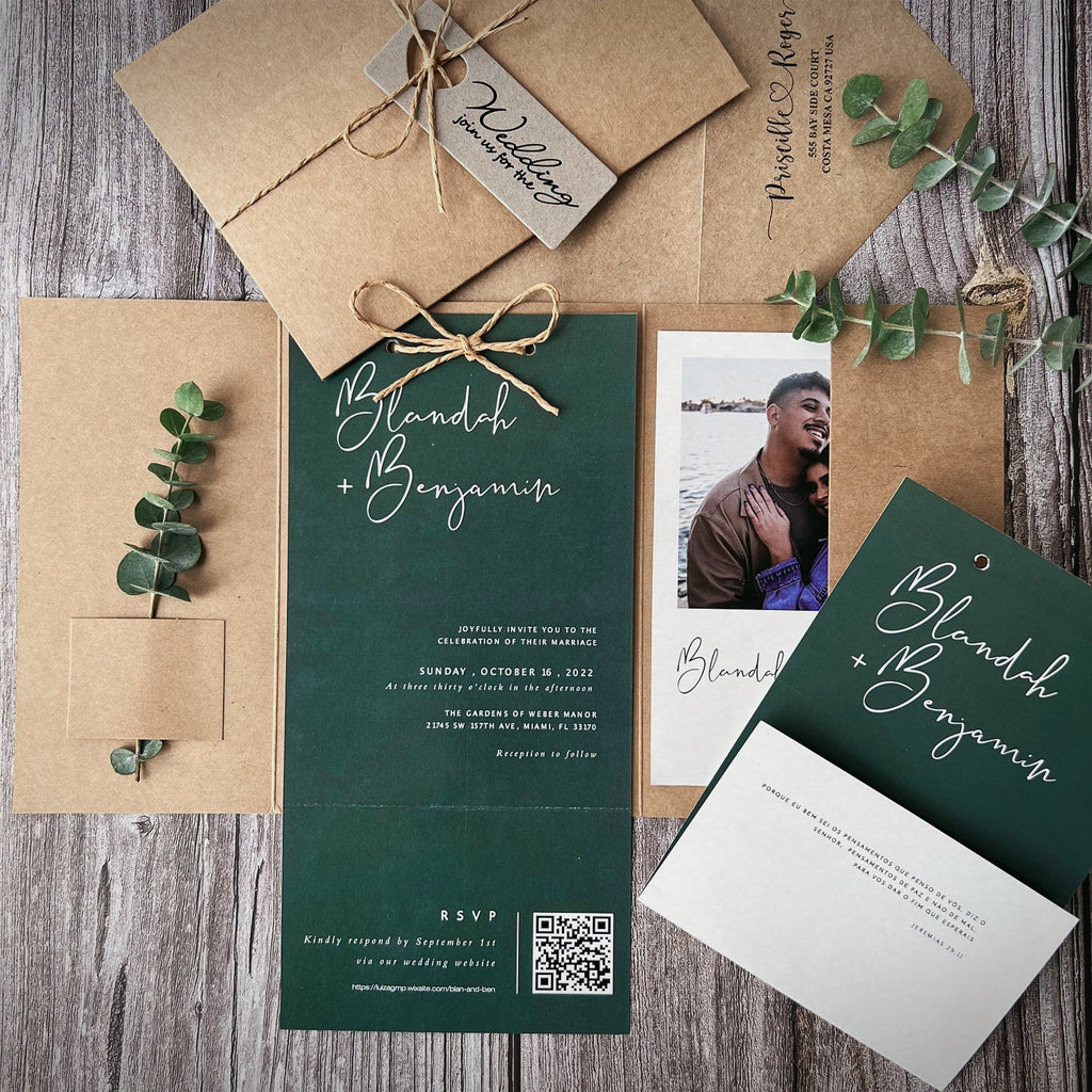 Customized Jungle Green Wedding Invitations, Photo Invitations with QR Code RSVP Info Wedding Ceremony Supplies Picky Bride 