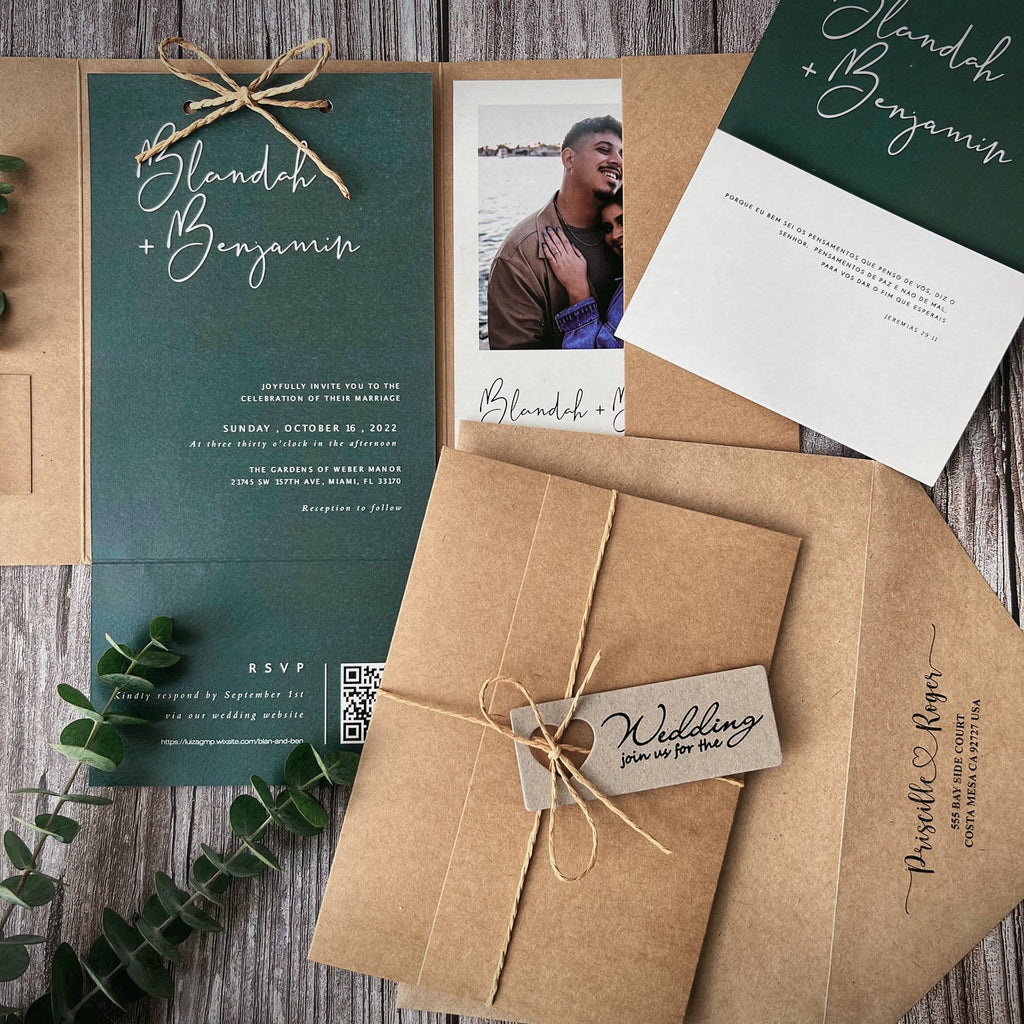 Customized Jungle Green Wedding Invitations, Photo Invitations with QR Code RSVP Info Wedding Ceremony Supplies Picky Bride 