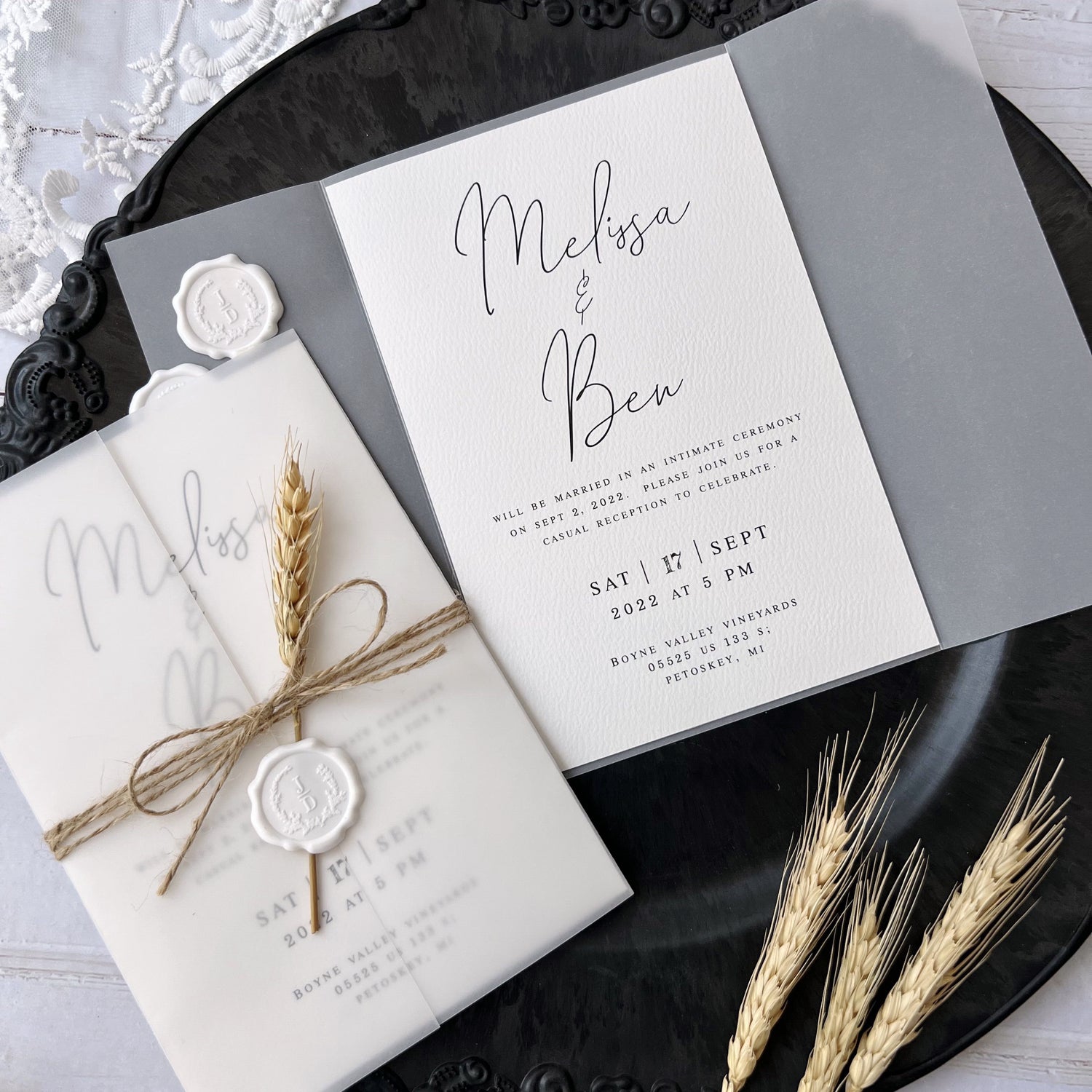 Customized Vellum Wedding Invitations with Wheat and Seals, Vellum Jac