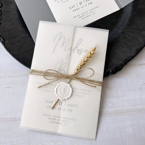 Customized Vellum Wedding Invitations with Wheat and Seals, Vellum Jacket, 5 x 7 inches Picky Bride 