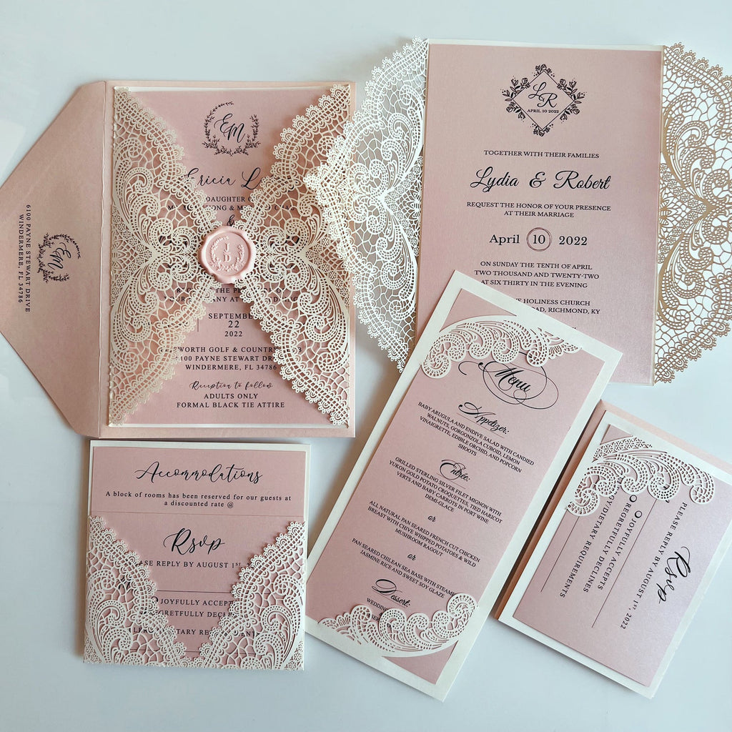 Elegant Blush Pink Lace Wedding Invitation Suite with Customized Wax Seal, Envelopes Addressing Wedding Ceremony Supplies Picky Bride 