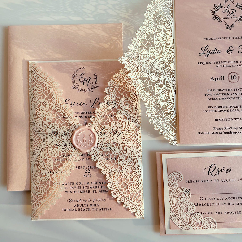 Elegant Blush Pink Lace Wedding Invitation Suite with Customized Wax Seal, Envelopes Addressing Wedding Ceremony Supplies Picky Bride 