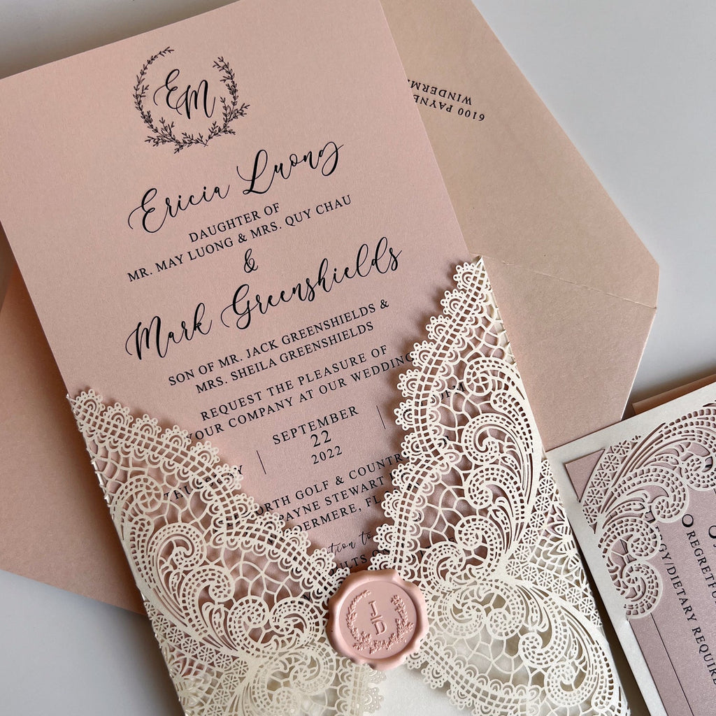 Elegant Blush Pink Lace Wedding Invitation Suite with Customized Wax Seal, Envelopes Addressing Wedding Ceremony Supplies Picky Bride 