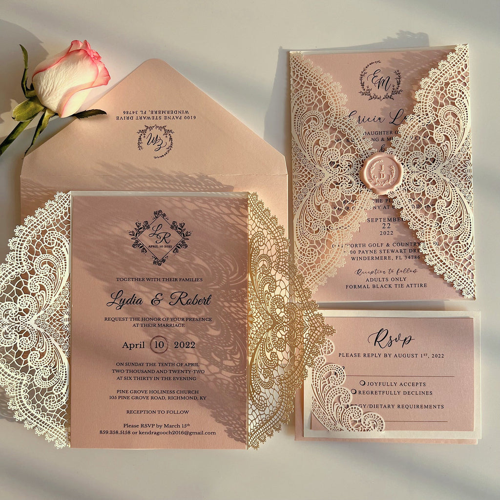 Elegant Blush Pink Lace Wedding Invitation Suite with Customized Wax Seal, Envelopes Addressing Wedding Ceremony Supplies Picky Bride 