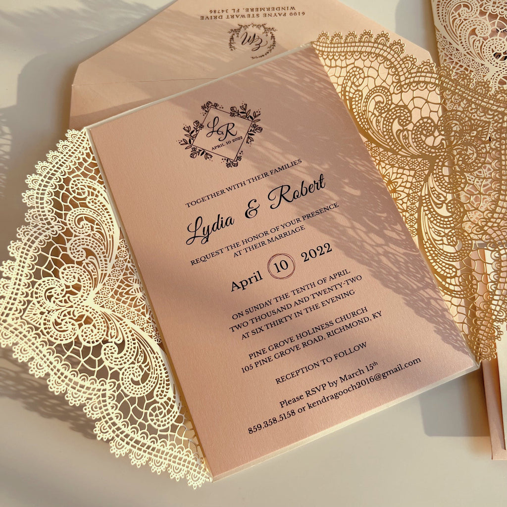 Elegant Blush Pink Lace Wedding Invitation Suite with Customized Wax Seal, Envelopes Addressing Wedding Ceremony Supplies Picky Bride 