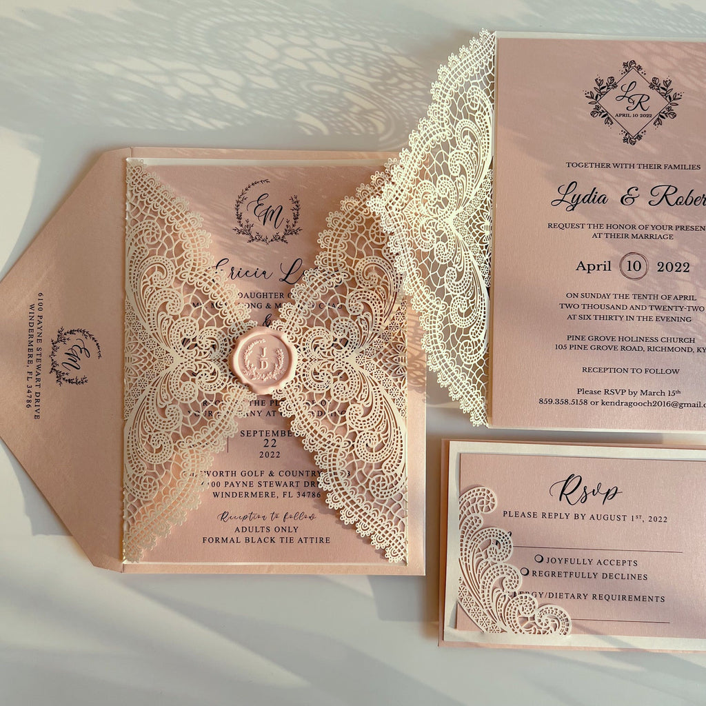Elegant Blush Pink Lace Wedding Invitation Suite with Customized Wax Seal, Envelopes Addressing Wedding Ceremony Supplies Picky Bride 