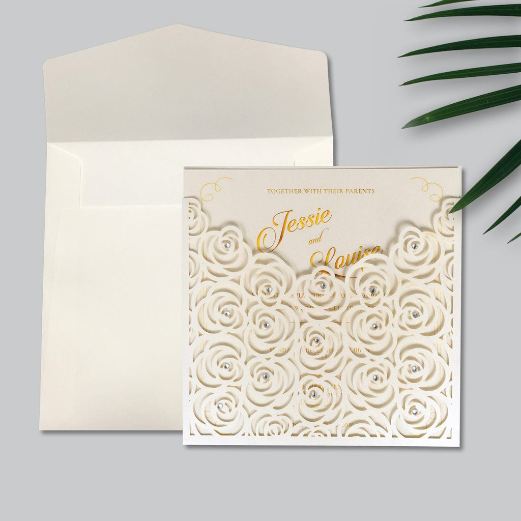 Elegant Floral Pocket Wedding Invite Cards for Rose Wedding Theme Picky Bride 