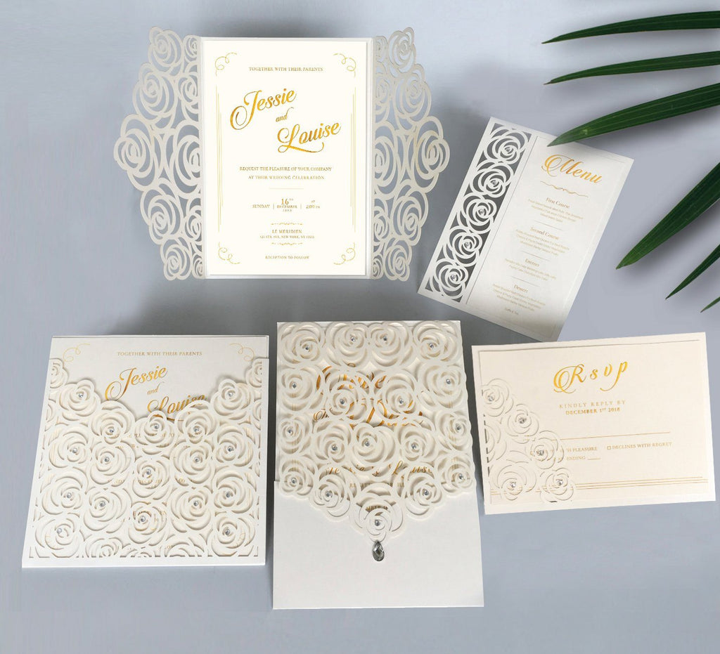 Elegant Floral Pocket Wedding Invite Cards for Rose Wedding Theme Picky Bride 