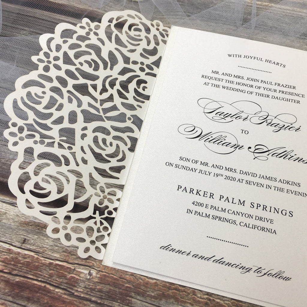 Elegant Ivory Wedding Cards Rose Laser Cut Invitations with RSVP Cards Picky Bride 