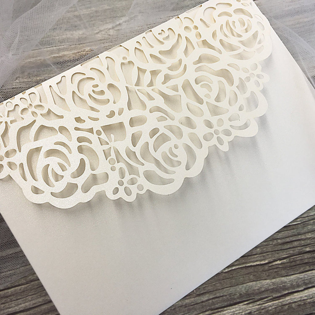 Elegant Ivory Wedding Cards Rose Laser Cut Invitations with RSVP Cards Picky Bride 