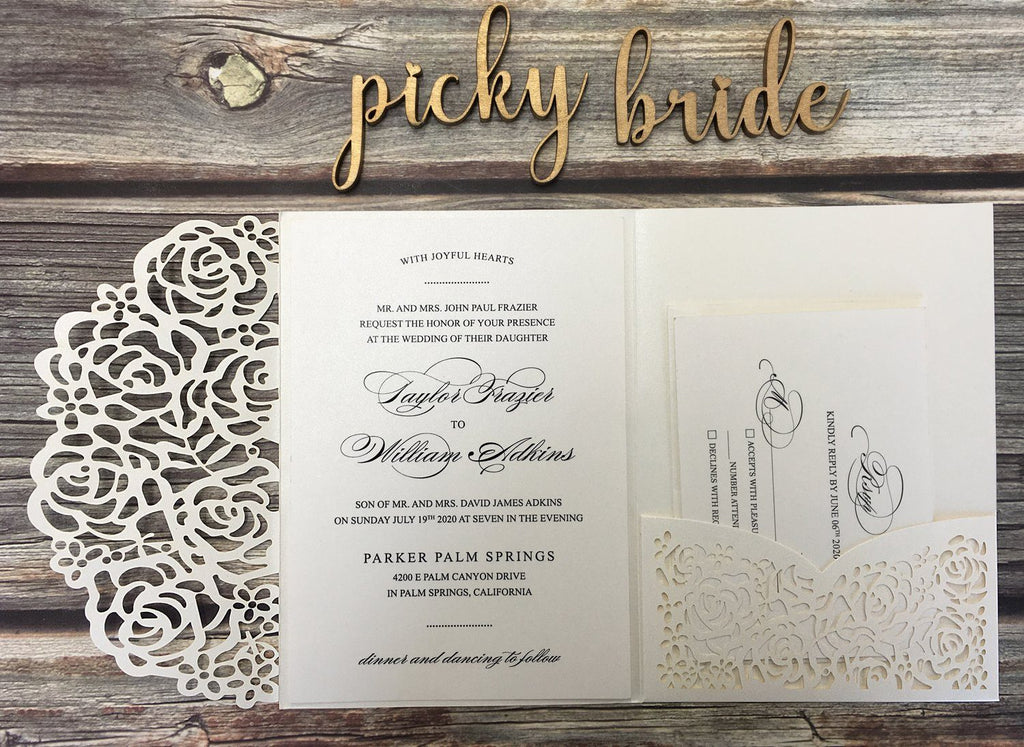 Elegant Ivory Wedding Cards Rose Laser Cut Invitations with RSVP Cards Picky Bride 