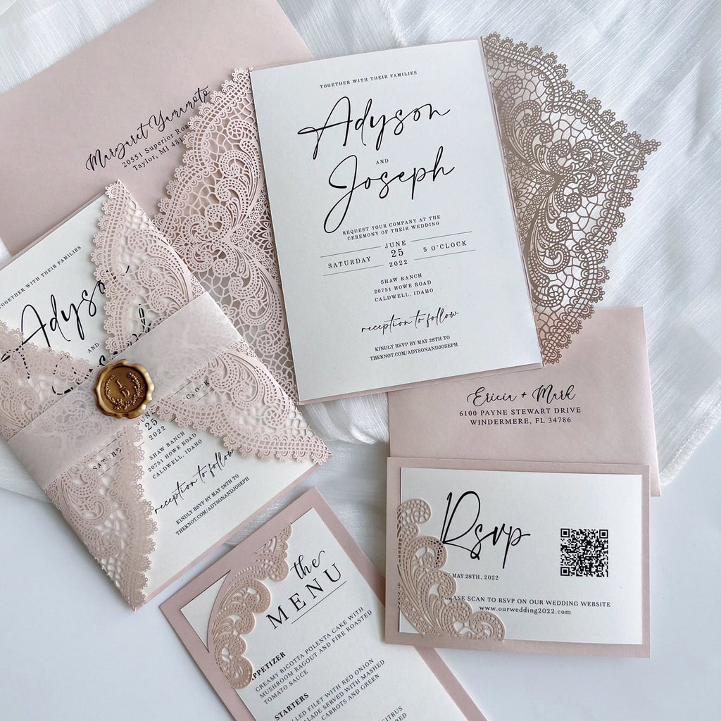 Elegant Lace Wedding Invitation Set with Wax Seal Belly Band, Pale Pink Lace Wraps Wedding Ceremony Supplies Picky Bride 