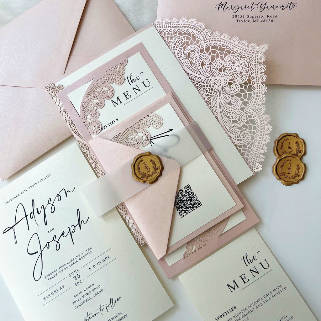 Elegant Lace Wedding Invitation Set with Wax Seal Belly Band, Pale Pink Lace Wraps Wedding Ceremony Supplies Picky Bride 