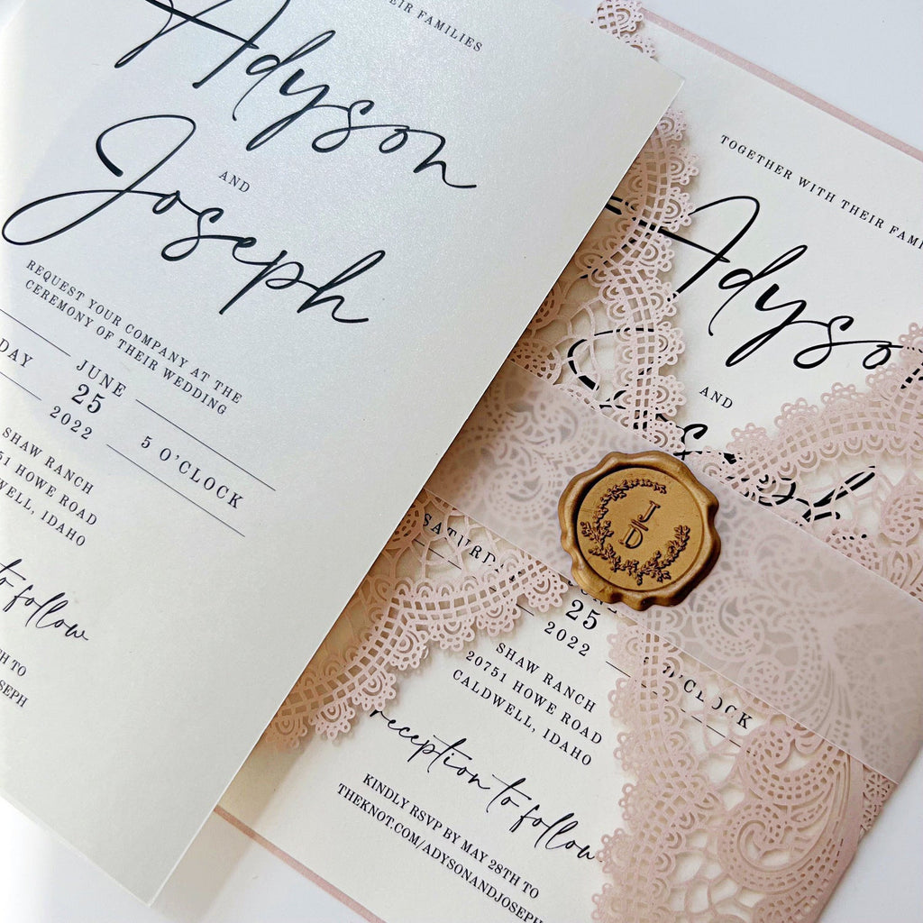 Elegant Lace Wedding Invitation Set with Wax Seal Belly Band, Pale Pink Lace Wraps Wedding Ceremony Supplies Picky Bride 