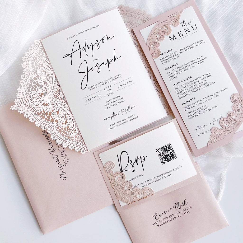 Elegant Lace Wedding Invitation Set with Wax Seal Belly Band, Pale Pink Lace Wraps Wedding Ceremony Supplies Picky Bride 